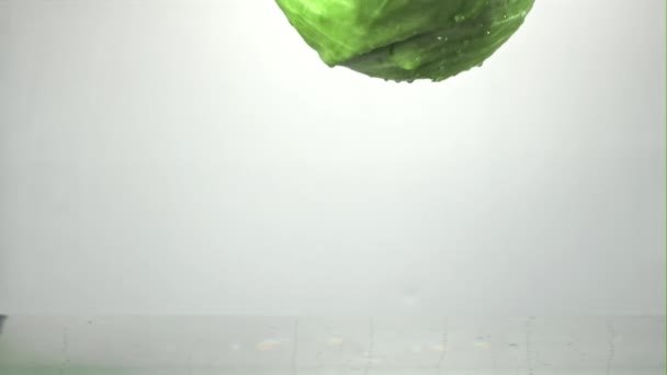 Super slow motion of the cabbage fork falls into the water with splashes on a white background. Filmed at 1000 fps. — Αρχείο Βίντεο