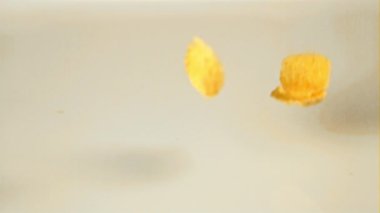 Super slow motion in the milk fall cornflakes with spray. Filmed on a high-speed camera at 1000 fps.