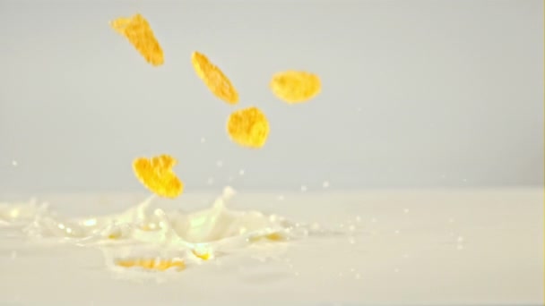 Супер повільний рух у молочній краплі кукурудзяних пластівців. Знято на високошвидкісній камері зі швидкістю 1000 к/с . — стокове відео