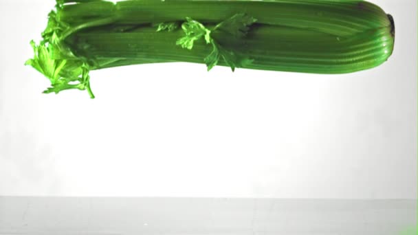 Super slow motion celery falls into the water with splashes. Filmed on a high-speed camera at 1000 fps. — Stock Video