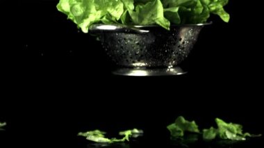 Marul yapraklı süper yavaş çekimde süzgeç masaya düşüyor. 1000 fps hızla yüksek hızlı bir kamerayla çekildi..