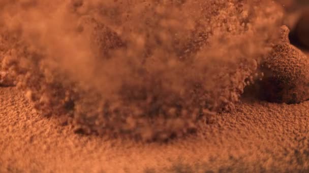 Super lent mouvement du cacao vole lorsque la truffe tombe. Filmé par une caméra haute vitesse à 1000 ips. — Video