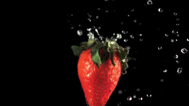 Super cámara lenta en fresas frescas gotas de agua gota. Filmado en una cámara de alta velocidad a 1000 fps. — Vídeos de Stock