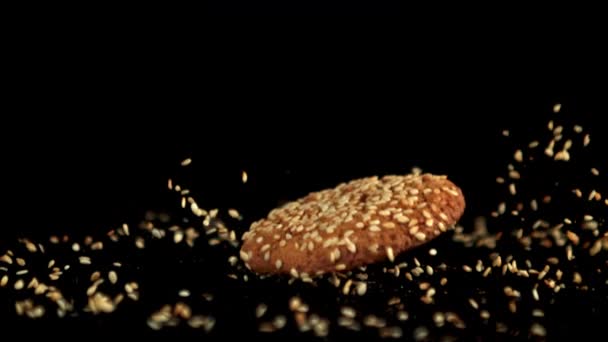 Süper yavaş çekimde yulaf ezmeli kurabiye masaya susam tohumlarıyla düşer. 1000 fps hızla yüksek hızlı bir kamerayla çekildi.. — Stok video