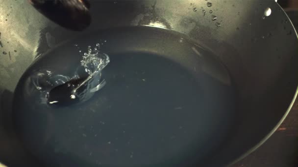 Super slow motion i en kastrull med vattenfallande mussel.Filmad på en höghastighetskamera på 1000 fps. — Stockvideo