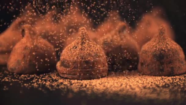 Super cámara lenta en las trufas se vierte con polvo de cacao. Filmado en una cámara de alta velocidad a 1000 fps. — Vídeos de Stock