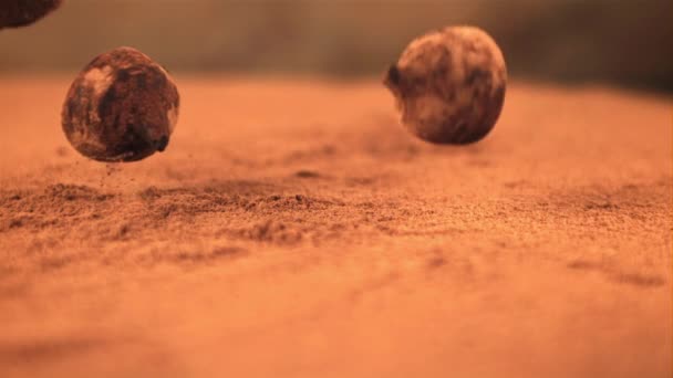 Trufas de cámara súper lenta caen sobre la mesa con cacao. Filmado en una cámara de alta velocidad a 1000 fps. — Vídeos de Stock