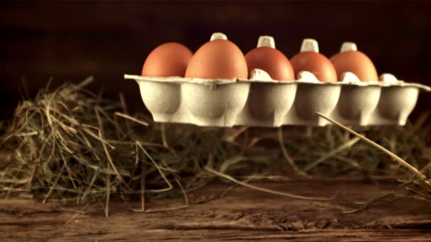 계란이 들어 있는 초박속 마분지 상자가 테이블 위에 떨어진다. 고속 카메라에 촬영 1000 fps. — 비디오