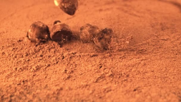 Les truffes au ralenti tombent dans le cacao. Filmé par une caméra haute vitesse à 1000 ips. — Video