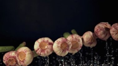 Süper yavaş çekim sarımsak ve siyah arka planda biraz su. 1000 fps hızla yüksek hızlı bir kamerayla çekildi..