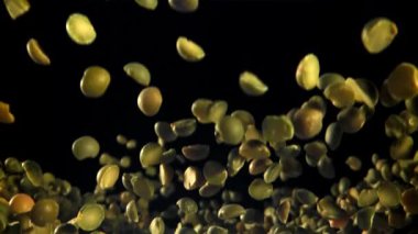 Yeşil bezelyeler uçar ve düşer. 1000 fps 'de yüksek hızlı bir kamerayla çekildi. Yüksek kaliteli FullHD görüntüler