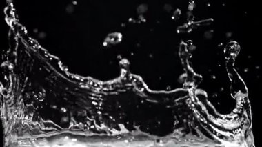Siyah arka planda su damlaları. 1000 fps 'de yüksek hızlı bir kamerayla çekildi. Yüksek kaliteli FullHD görüntüler