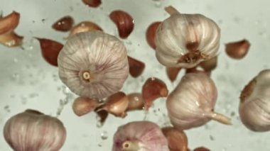 Sarımsak arka planda uçuşuyor. 1000 fps 'de yüksek hızlı bir kamerayla çekildi. Yüksek kaliteli FullHD görüntüler