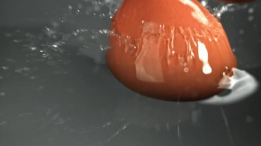 Tavuk yumurtaları tencereye düşer. 1000 fps 'de yüksek hızlı bir kamerayla çekildi. Yüksek kaliteli FullHD görüntüler
