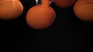 Siyah arka planda suyun altına düşen yumurtalar. 1000 fps 'de yüksek hızlı bir kamerayla çekildi. Yüksek kaliteli FullHD görüntüler