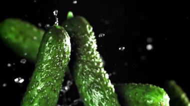 Salatalıklar yukarı uçar ve siyah bir zemine düşerler. 1000 fps 'de yüksek hızlı bir kamerayla çekildi. Yüksek kaliteli FullHD görüntüler