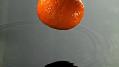 Portakal dilimleri ıslak bir yüzeye düşer. 1000 fps 'de yüksek hızlı bir kamerayla çekildi. Yüksek kaliteli FullHD görüntüler