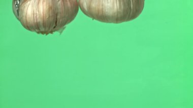 Taze sarımsak başları suyun altına düşer. 1000 fps 'de yüksek hızlı bir kamerayla çekildi. Yüksek kaliteli FullHD görüntüler