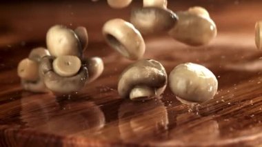 Turşu mantarı kesme tahtasına düşer. 1000 fps 'de yüksek hızlı bir kamerayla çekildi. Yüksek kaliteli FullHD görüntüler