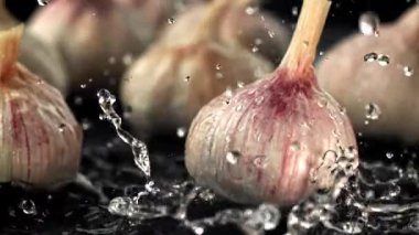 Su damlacıkları taze sarımsağın üzerine düşer. 1000 fps 'de yüksek hızlı bir kamerayla çekildi. Yüksek kaliteli FullHD görüntüler