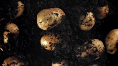 Patatesler uçar ve yere düşer. 1000 fps 'de yüksek hızlı bir kamerayla çekildi. Yüksek kaliteli FullHD görüntüler
