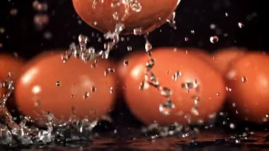 Tavuk yumurtasının üzerine bir damla su düşer. 1000 fps 'de yüksek hızlı bir kamerayla çekildi. Yüksek kaliteli FullHD görüntüler