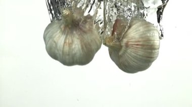 Taze sarımsak başları suyun altına düşer. 1000 fps 'de yüksek hızlı bir kamerayla çekildi. Yüksek kaliteli FullHD görüntüler