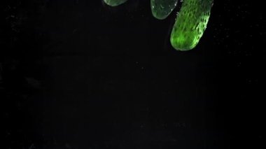 Salatalıklar siyah arka planda suyun altına düşüyor. 1000 fps 'de yüksek hızlı bir kamerayla çekildi. Yüksek kaliteli FullHD görüntüler