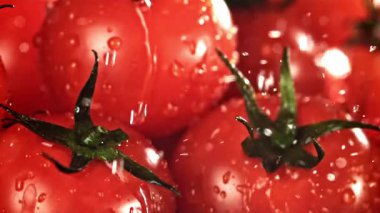 Su damlacıkları domateslerin üzerine düşer. 1000 fps 'de yüksek hızlı bir kamerayla çekildi. Yüksek kaliteli FullHD görüntüler