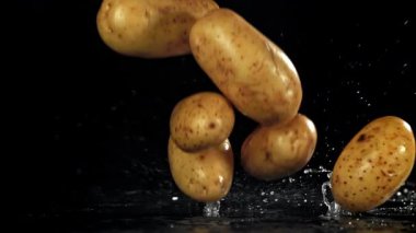 Taze patatesler masaya düşer. 1000 fps 'de yüksek hızlı bir kamerayla çekildi. Yüksek kaliteli FullHD görüntüler