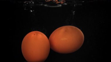 Siyah arka planda suyun altına düşen yumurtalar. 1000 fps 'de yüksek hızlı bir kamerayla çekildi. Yüksek kaliteli FullHD görüntüler