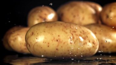 Taze patatesler masaya düşer. 1000 fps 'de yüksek hızlı bir kamerayla çekildi. Yüksek kaliteli FullHD görüntüler