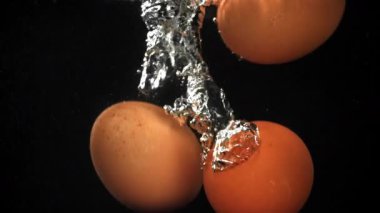 Siyah arka planda suyun altına düşen yumurtalar. 1000 fps 'de yüksek hızlı bir kamerayla çekildi. Yüksek kaliteli FullHD görüntüler