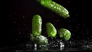 Salatalıklar siyah arka planda masaya düşer. 1000 fps 'de yüksek hızlı bir kamerayla çekildi. Yüksek kaliteli FullHD görüntüler