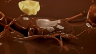 Çikolata Süper yavaş çekimde, Beyaz Çikolata Süt Sıvısına Düşüyor. 1000 fps 'de yüksek hızlı bir kamerayla çekildi. Yüksek kaliteli FullHD görüntüler