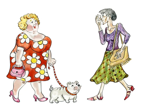Mulher gorda com cão andando reunião senhora fina — Fotografia de Stock