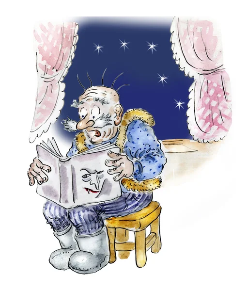 Starszy mężczyzna czytanie książki thriller w nocy — Zdjęcie stockowe
