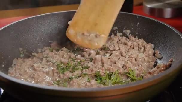 Pasta Tomate Vierte Una Sartén Con Carne — Vídeo de stock