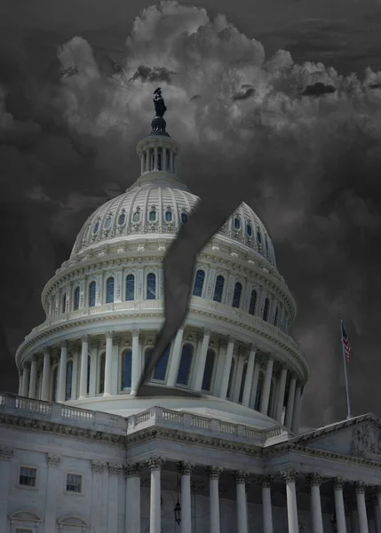 The US Capitol building in Washington DC with dark storm clouds and its dome split in half representing division in politics