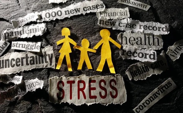 Paper Family Three Surrounded Coronavirus Economic Related News Headlines Stress — Stock Photo, Image