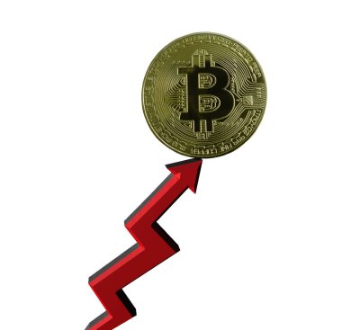 Altın bitcoin ve kırmızı ok beyaza izole edilmiş -- kripto para birimi değeri kavramı