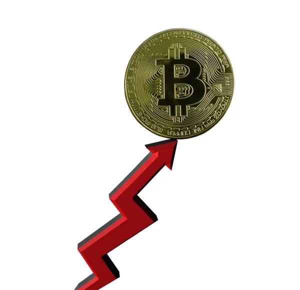 Bitcoin Ouro Seta Para Cima Vermelho Isolado Conceito Valor Criptomoeda — Fotografia de Stock