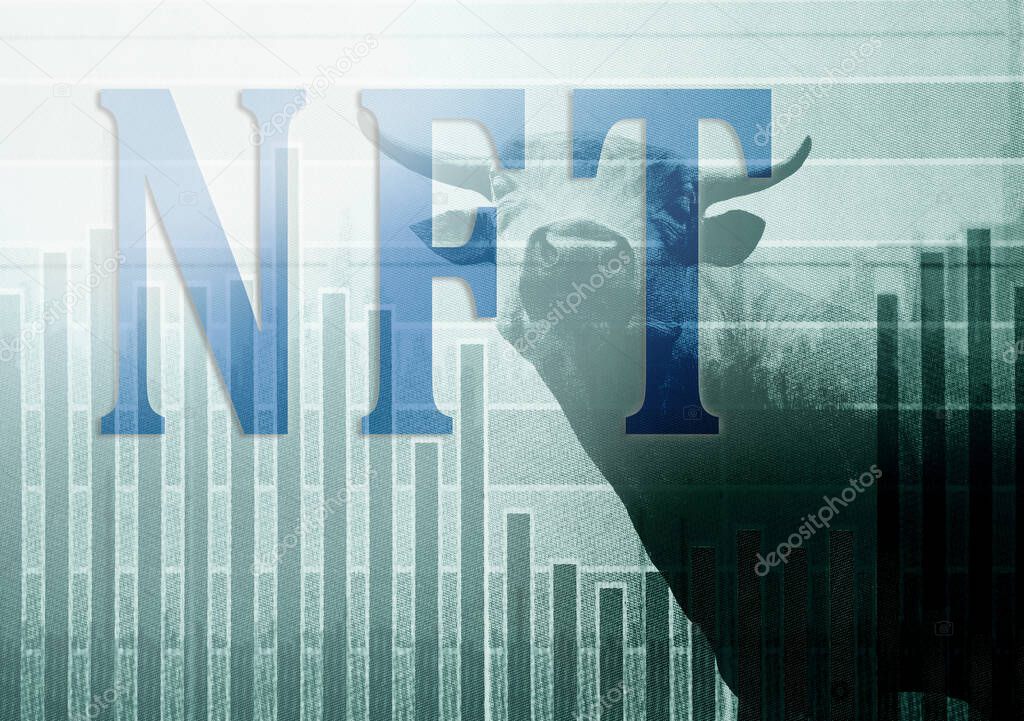 NFT ( Non-Fungible Token --  a blockchain asset) text over a stock market chart and bull                       