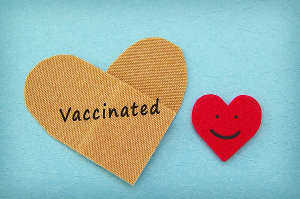 Texte Vacciné Sur Bandage Forme Cœur Avec Sourire Rouge Coeur — Photo