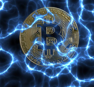 Elektrik mavi enerji arka planında Bitcoin kripto para