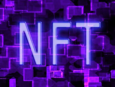 Teknoloji arkaplanı üzerine NFT (Parasız Token) neon biçimi illüstrasyon metni