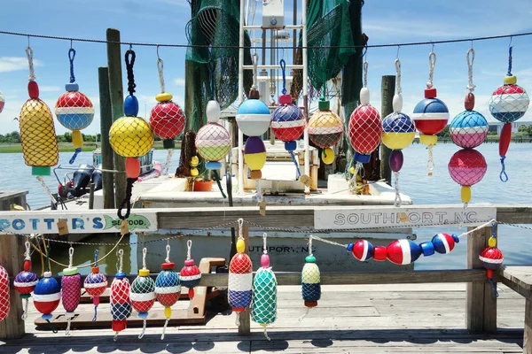 Southport Usa 2021 Colorful Buoys Hang Dock Front Fishing Boat — Stock Photo, Image