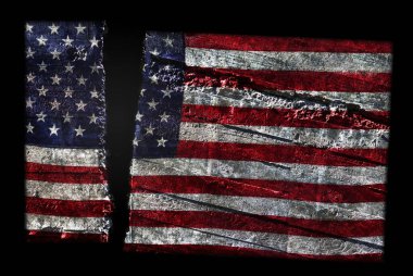 Distressed pattern US flag split in two -- American political division concept                                clipart
