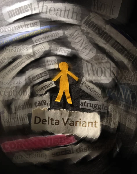 Paper Cutout Person Surrounded Spinning Delta Coronavirus Economic Related Newspaper — Stock Photo, Image