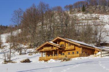 Kışın ahşap dağ evi